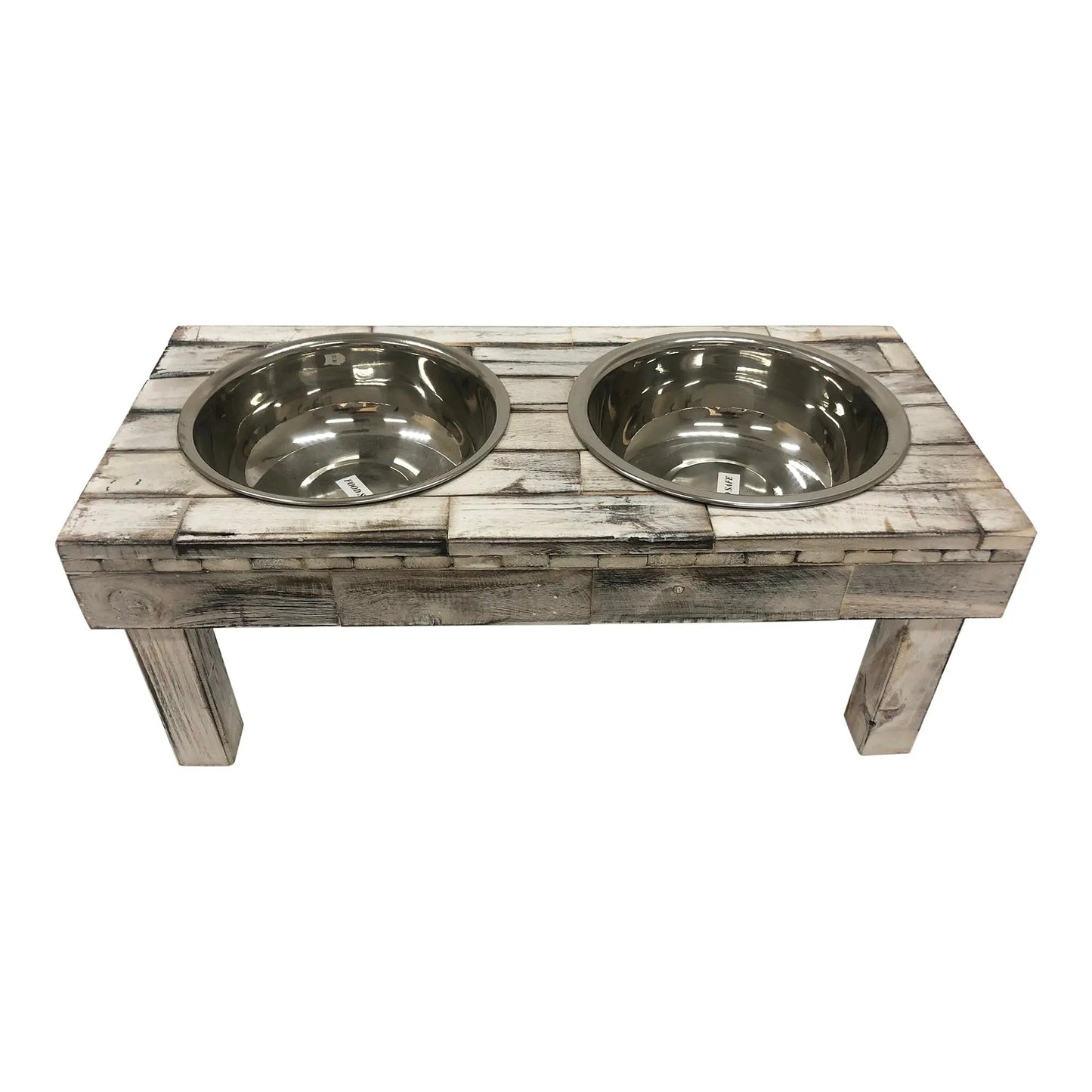 Elevated Double Bowl Pet Feeder in White Wash