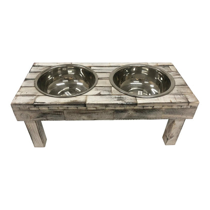 Elevated Double Bowl Pet Feeder in White Wash