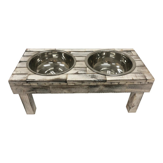 Elevated Double Bowl Pet Feeder in White Wash
