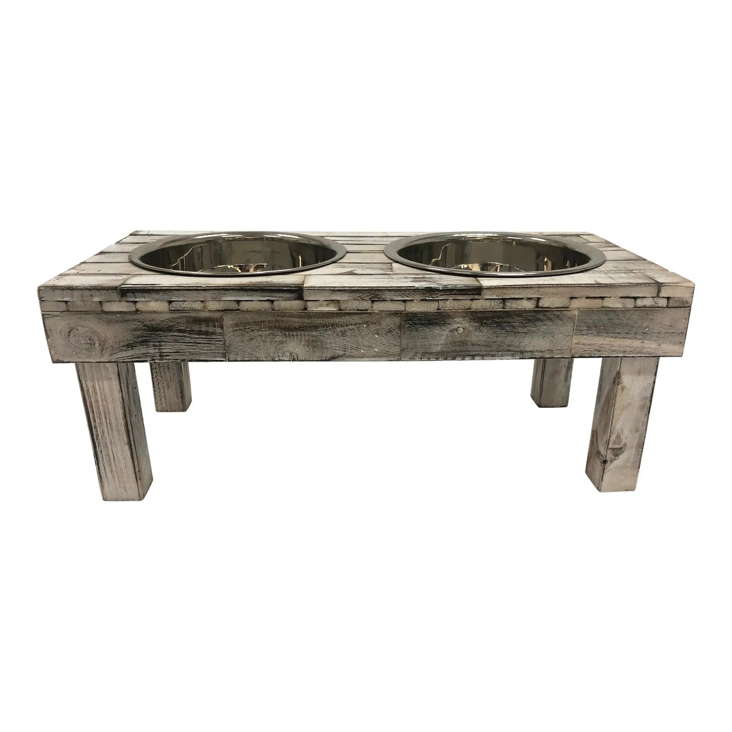 Elevated Double Bowl Pet Feeder in White Wash