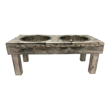 Elevated Double Bowl Pet Feeder in White Wash