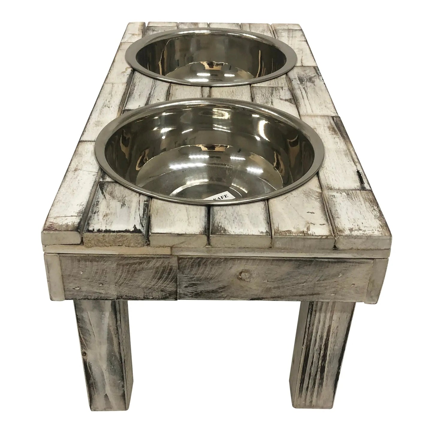 Elevated Double Bowl Pet Feeder in White Wash