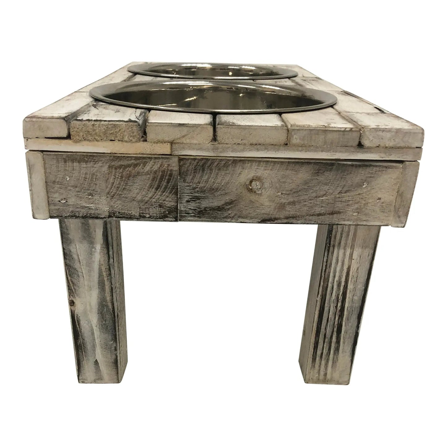 Elevated Double Bowl Pet Feeder in White Wash