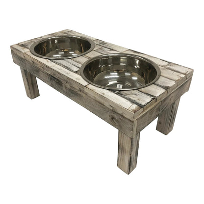 Elevated Double Bowl Pet Feeder in White Wash