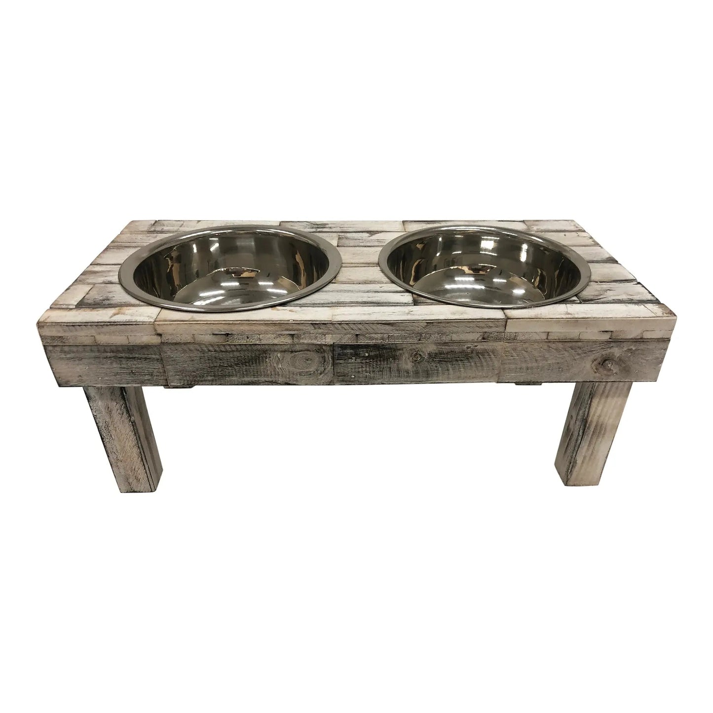 Elevated Double Bowl Pet Feeder in White Wash