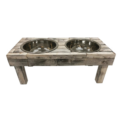 Elevated Double Bowl Pet Feeder in White Wash