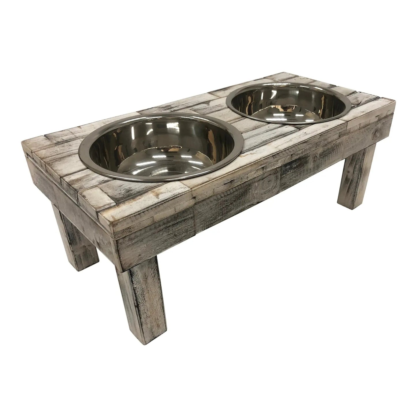 Elevated Double Bowl Pet Feeder in White Wash