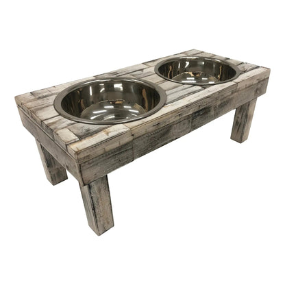 Elevated Double Bowl Pet Feeder in White Wash