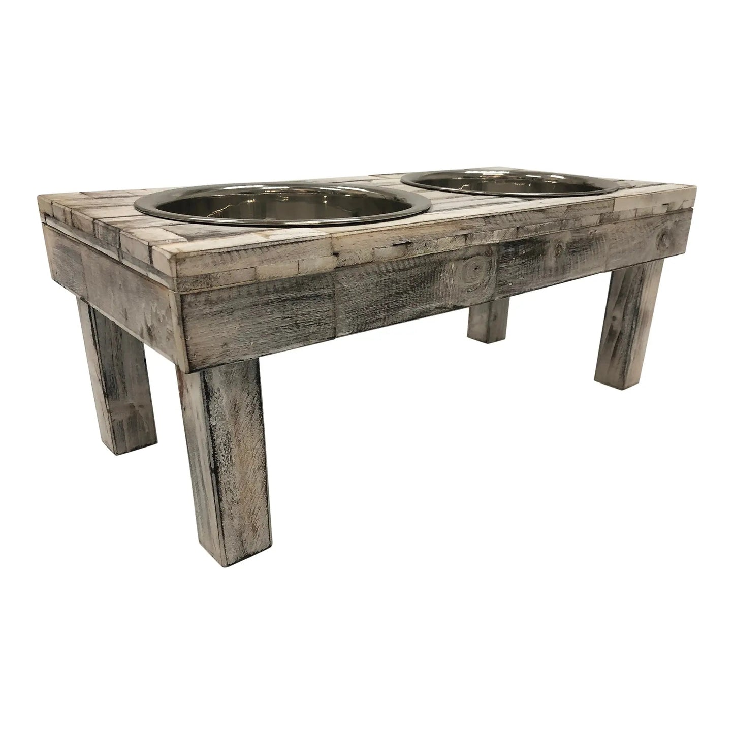 Elevated Double Bowl Pet Feeder in White Wash