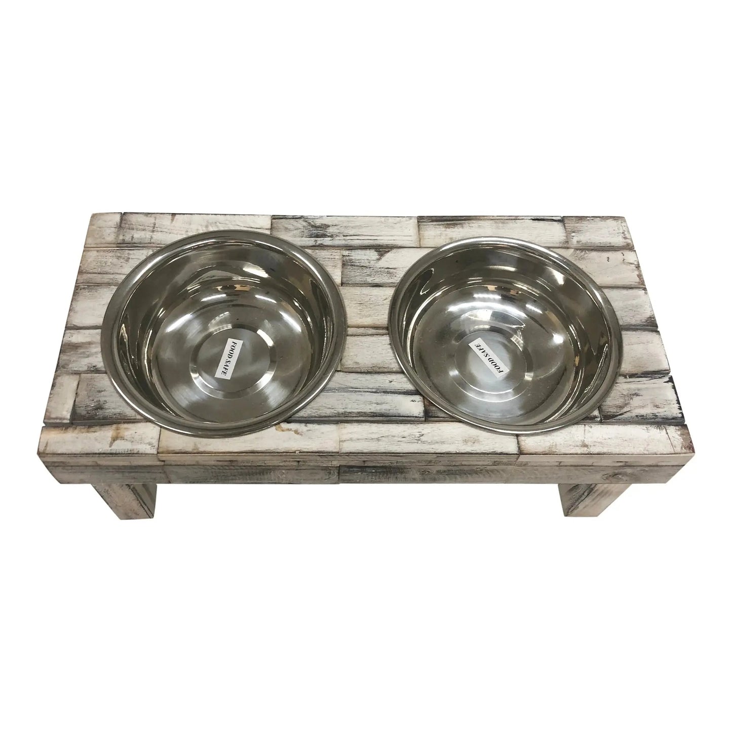 Elevated Double Bowl Pet Feeder in White Wash