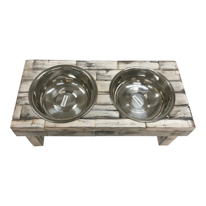 Elevated Double Bowl Pet Feeder in White Wash