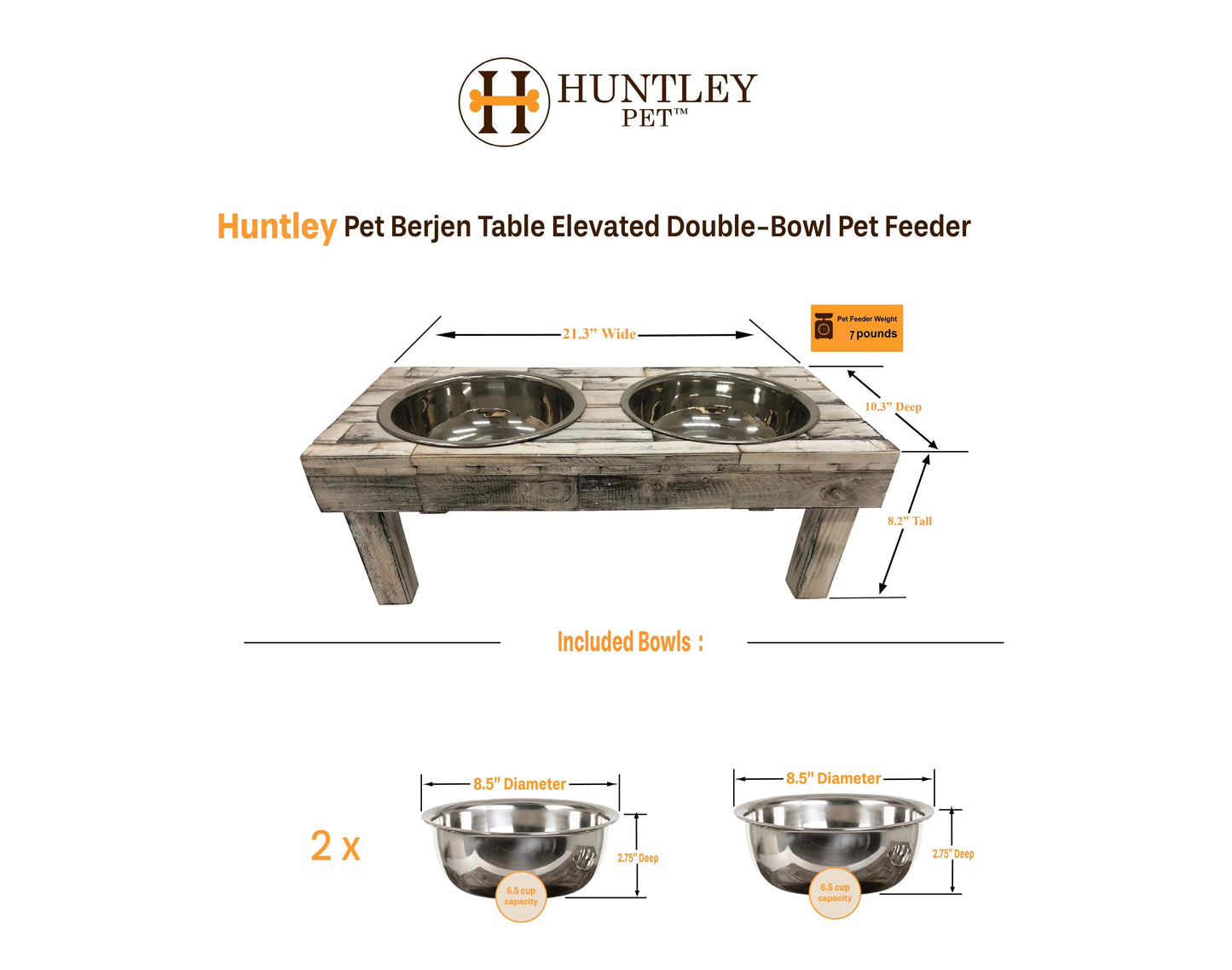 Elevated Double Bowl Pet Feeder in White Wash