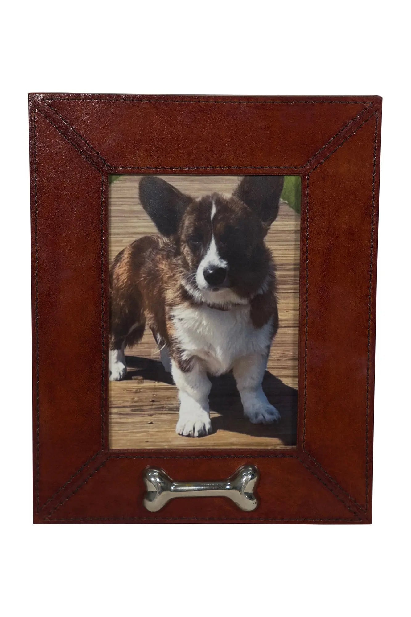 Leather Pet Picture Frame with Silver Bone Accent