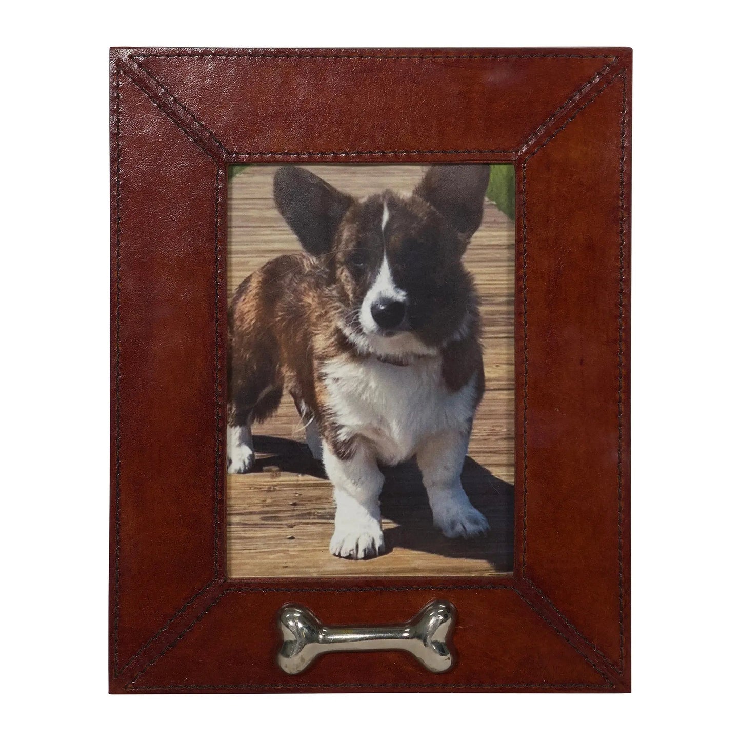 Leather Pet Picture Frame with Silver Bone Accent