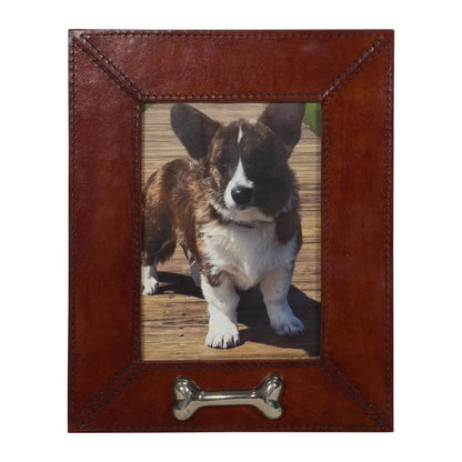 Leather Pet Picture Frame with Silver Bone Accent