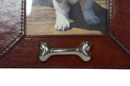 Leather Pet Picture Frame with Silver Bone Accent