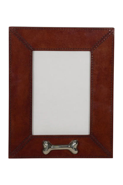 Leather Pet Picture Frame with Silver Bone Accent