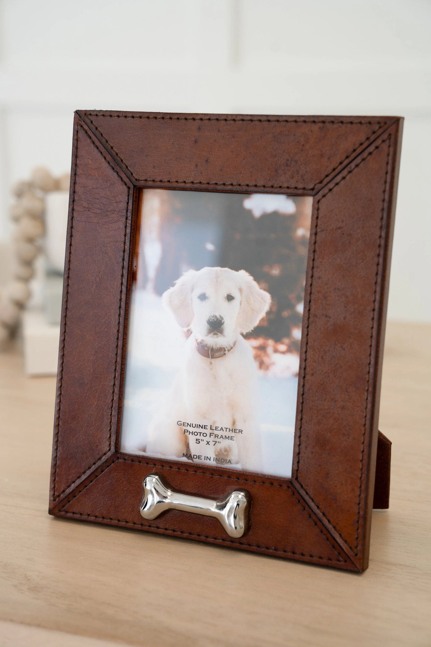 Leather Pet Picture Frame with Silver Bone Accent