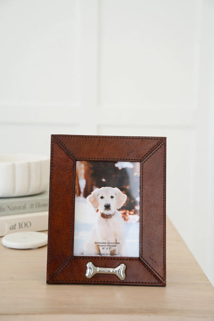 Leather Pet Picture Frame with Silver Bone Accent