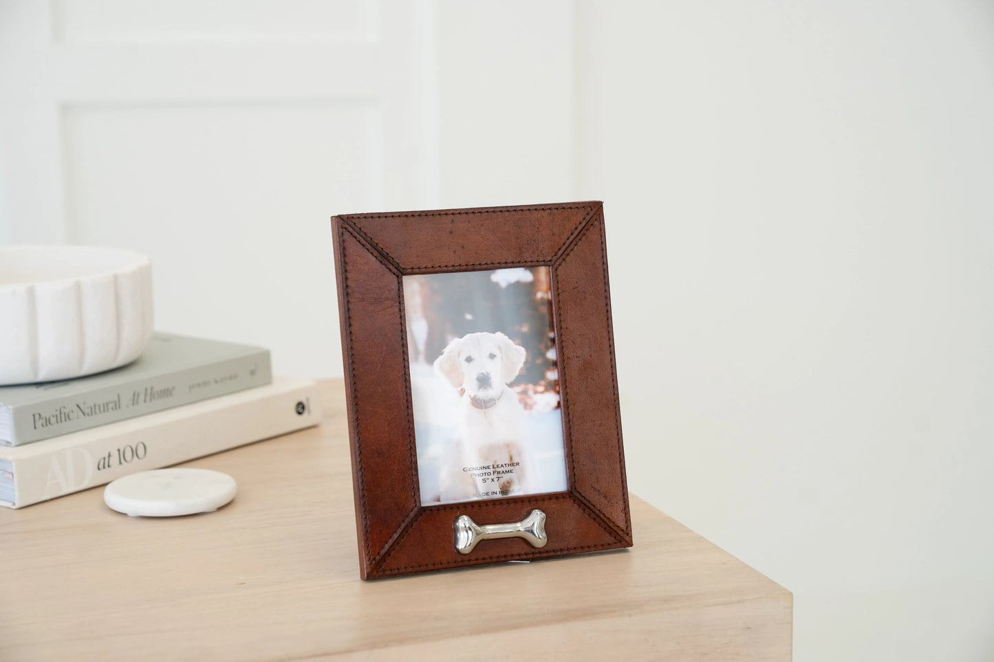 Leather Pet Picture Frame with Silver Bone Accent